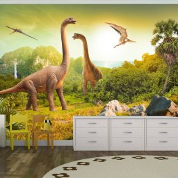 Fotobehang - Vliesbehang Dinosaurus, beige/groen, premium print vliesbehang, 5 maten, kinderkamer, zeer scherp geprijsd, instructies bijgevoegd, geen behangtafel nodig