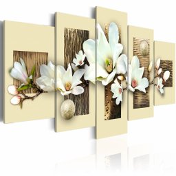 Schilderij - Textuur en magnolia , wit beige , 5 luik